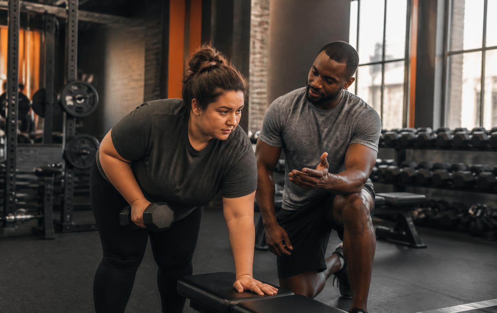 Entrenador personal guiando a una clienta en un gimnasio